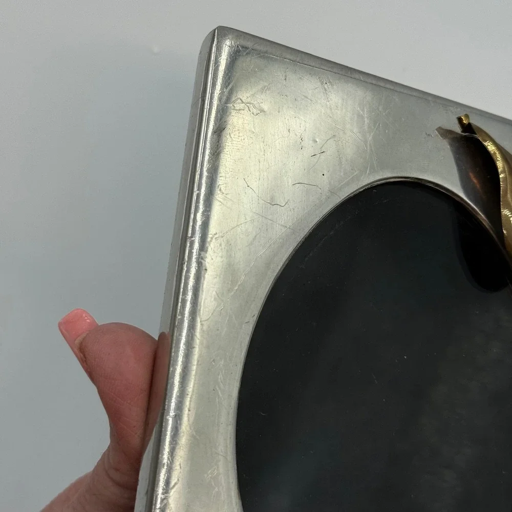 Vintage Silver Tone Calla Lily Picture Frame Oval Opening Mixed Metal 3.5x5